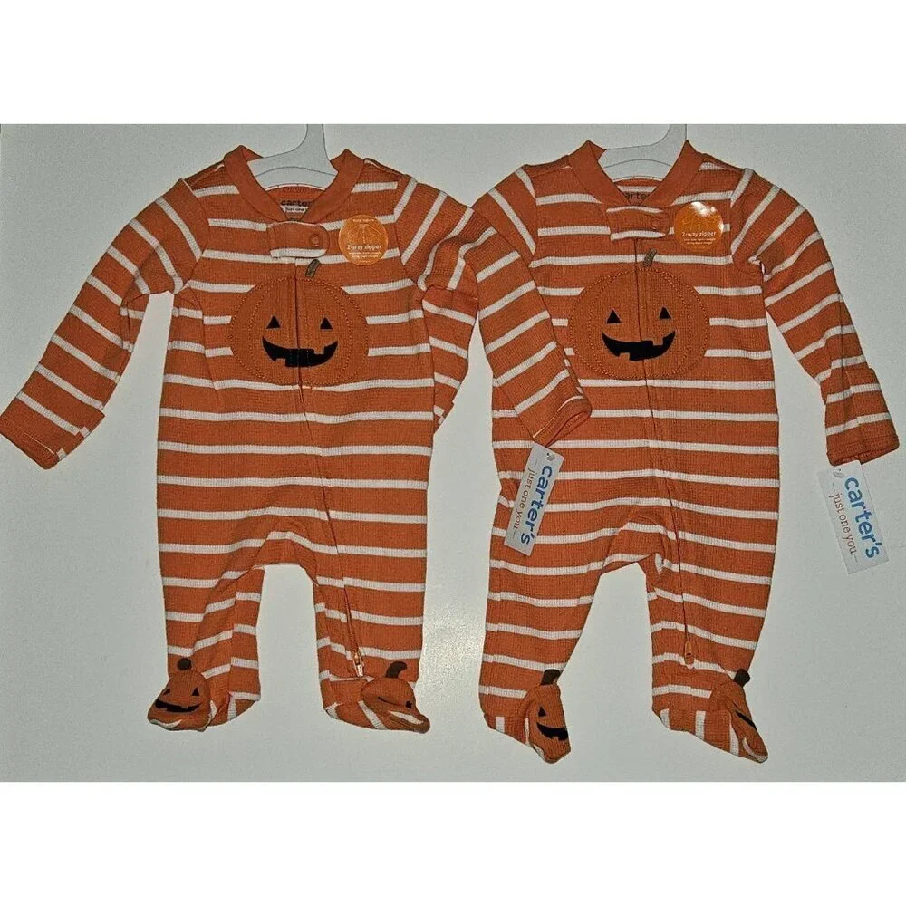 NWT 2 Halloween Footie Pajamas Lot Newborn Waffle Knit Jack-O-Lantern Carter's